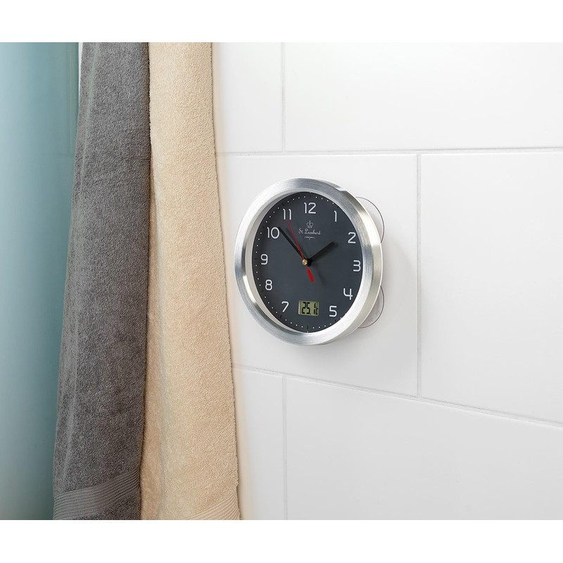 St. Leonhard Shower Clock: Bathroom Wall Clock with LCD Thermometer,