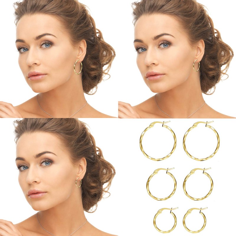 JewelryWe 3Pairs Hoop Earrings Set Gold/Silver Plated Stainless Steel Twisted
