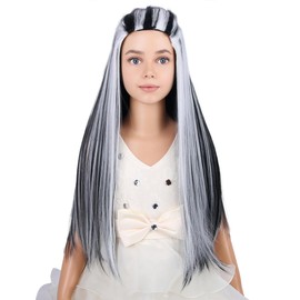 PATTNIUM Kids Long Straight Wig Black Mixed White Wig for Child Long Black White Synthetic Wig with Wig Cap
