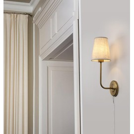 Pathson Plug in Fabric Wall Sconce Linen Cloth Shade, 1-Light Vintage Wall Light Fixture for Living Room Bedroom
