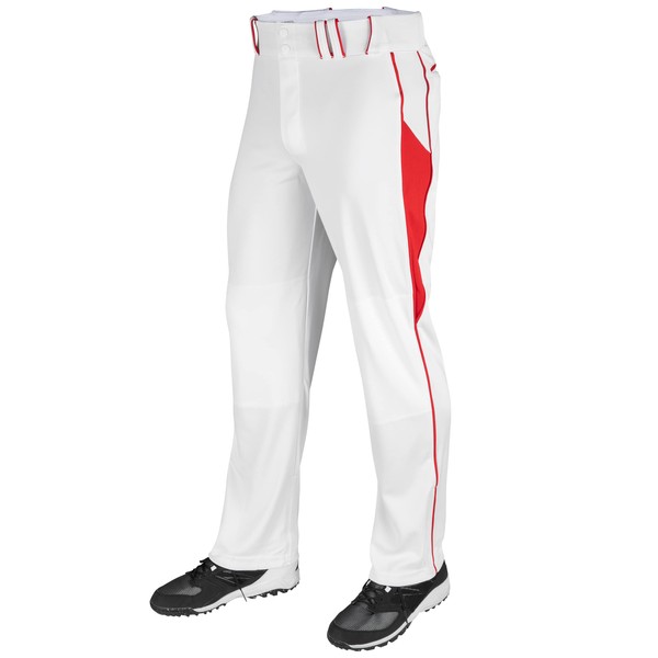 CHAMPRO Triple Crown OB2 Open-Bottom Loose Fit Baseball Pants with Adjustable Inseam and Reinforced Sliding Areas, White,Scarlet, Small