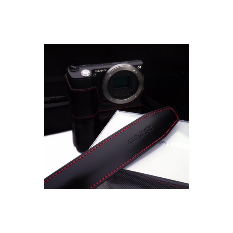 GARIZ 本革カメラネックストラップ XA-CHLSS2 ブラックレッドステッチ