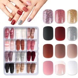 COLOFALLA 288 Pieces Nails for Sticking, Press On Nails, Artificial False Nails, Fake Nails, Short Glitter, Matt, Red, Pink, French Fingernails, DIY Nail Art
