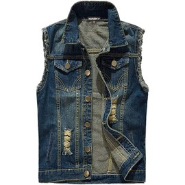 NASKY Men's Fit Retro Ripped Denim Vest Sleeveless Lapel Jean Vest Jacket Waistcoat Top(Small,Dark blue)