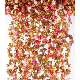 PONKING 6 Pcs 49FT Flower Garland, Artificial Rose Vine Flowers with Green Leaves, Hanging Fake Roses Vine for Room Anniversary Wedding Birthday Christmas Wall Arch Decor, Fall Purple Flower