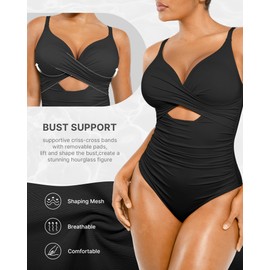 SHAPELLX Tummy Control Swimsuits Women Black One Piece Bathing Suit Tummy Control Swim Suits Ruched (Black,XX-Large)