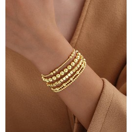 Gold Beaded Bracelets for Women, 14K Real Gold Plated Jewelry for Women Dainty Pearl Bead Bracelets Stack, Non Tarnish Trendy Stackable Ball Cross Stretch Bracelet Set Fashion Accessories Gifts for Women (Gold square bead)