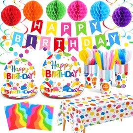 Zhehao 129 Pcs Happy Birthday Party Supplies Set with Plates Napkins Cups Cutlery Rainbow Dot Birthday Decorations Kit Banner Tablecloth Hanging Honeycomb Balls Garland for Birthday Party Serves 16