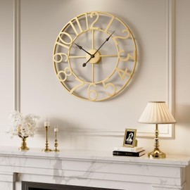 Large Wall Clock 24 Inch Gold, Decorative Wall Clocks Battery-Operated, Modern Metal Round Clock Silent Non Ticking Arabic Numerals for Living Room Kitchen Mantel Bedroom Office Decor
