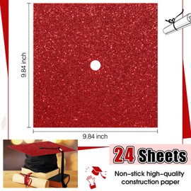 Gersoniel 24 Sheets Construction Paper for Graduation Cap Decoration 10 x 10 '' with 0.98'' hole Grad Cap Cover CardStock for Graduation DIY Project Scrapbook(Red,250gsm Glitter Paper)
