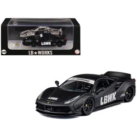 DCD LB Works 488 LBWK Diecast Model Car Matt Black 1/64 Scale Metal and Plastic Doors Open for Collection Gifts by CM Model