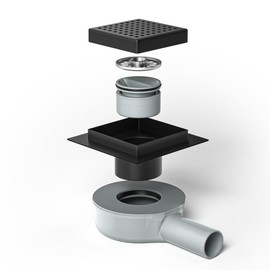 Bernkot Shower Drain Square 10 x 10 cm, 360° Siphon with Odour Stop and Hair Strainer Stainless Steel Drain Channel Floor Drain Shower Drain Very Flat DN50 DN40, Black, 10 cm Black