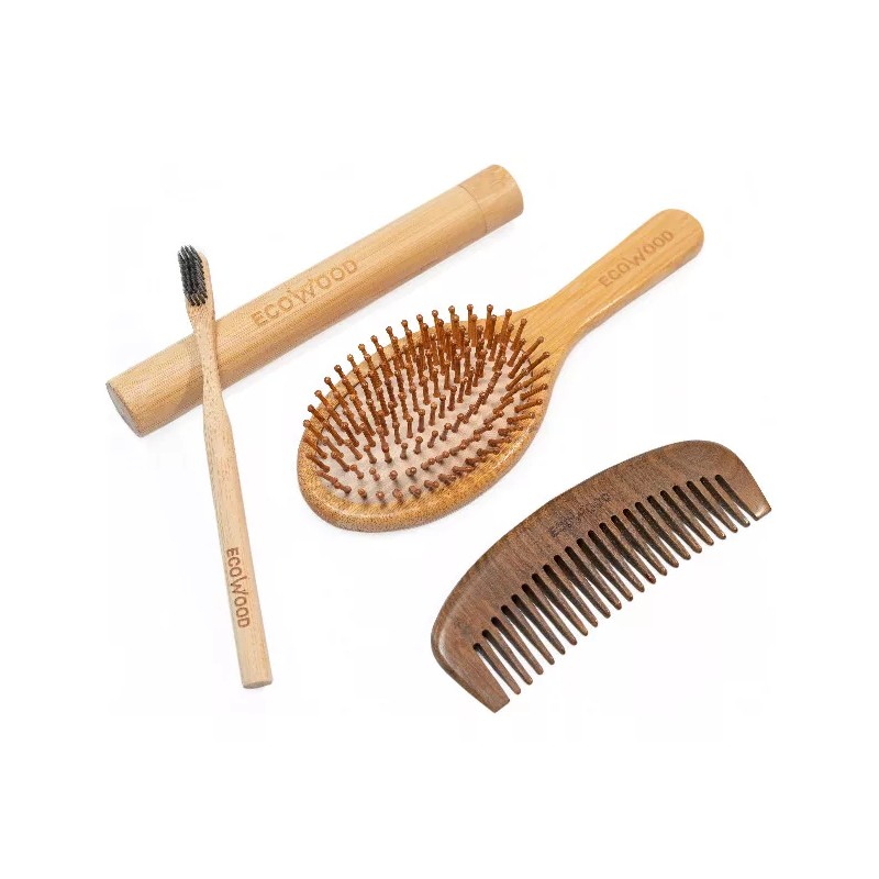 EcoWood Kit Con Peine, Cepillo Cabello Redondo Y Cepillo Dientes