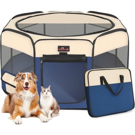 Aivituvin Dog Playpen, Foldable Pet Play Pens with Carrying Bag for Cat, Puppies, Rabbits, Portable Dog Tent Crates Cage for Travel Camping Indoor Outdoor, Removable Shade Cover, Blue S