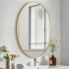 JENBELY Gold Oval Mirror for Bathroom, 24x32 Inch Oval Bathroom Mirror with Brushed Metal Frame, Wall Mounted Decorative Vanity Mirror for Bathroom, Living Room, Entryway