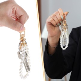 Mabor Pearl Keychain Wristlet Golden Pearl Key Chain Women Cute Purse Charms Pendant Key Holder Decor Love Heart Girly Backpack Key Ring Charm Accessory Gift for Car Keys