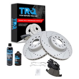 TRQ Front Brake Pad & Rotor Kit Premium G-Coated Performance Ceramic Slotted X Drilled Compatible with 12-20 Passat 15-18 Q3 Q3 Quattro 09-17 Tiguan 17-18 Tiguan Limited