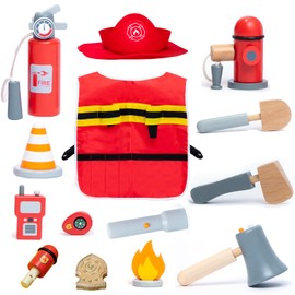umu Firefighter Costume for Kids, 14 PCS Pretend Toy Wooden Fireman Role Play Firefighter Accessories with Fire Extinguisher and Hydrant, Fireman Costume Kit for Kids 3, 4, 5+ Toddlers, Boys & Girls