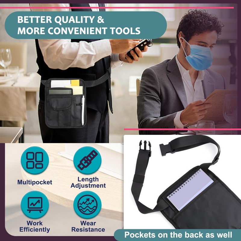 Roucerlin Black Server Pouch for Waitress, Adjustable Serving Waiter Apron
