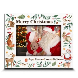 BELLA BUSTA- Merry Christmas Theme Picture Frame- Joy, Peace, Love, Believe- Woodland Animal Christmas Theme-UV Print (5x7 HORIZONTAL)
