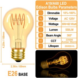 Hykton A19 Vintage Edison Bulbs 60 Watt Equivalent, 6W LED Antique Light Bulbs, Decorative 2200K Amber Warm Light Bulbs, 4 Pack Dimmable E26 LED Bulb 60 Watt for Light Fixtures, 550LM, CRI 93+