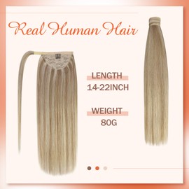 Sunny Hair Ponytail Extension Human Hair Wrap Around Ponytail Extension Straight Pony Tails Hair Extensions Clip in Ponytail Hair Extensions for Women 80G Ash Blonde Highlight Golden Blonde 22inch