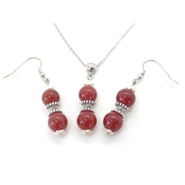 Damen-Ohrringe und Halsketten-Schmuckset mit rotem Karneol-Perlenanhänger und tibetischen Perlen