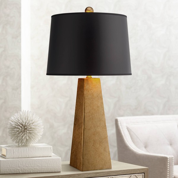 Modern Contemporary Luxury Style Table Lamp Obelisk 26" High Gold Foil Black Paper Drum Shade Decor for Living Room Bedroom House Bedside Nightstand Home Office Reading Entryway - Possini Euro Design