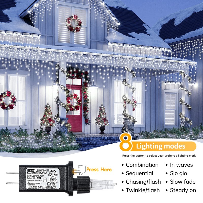 oopswow Icicle Lights Outdoor Decorations 300 LED 33ft 8 Modes