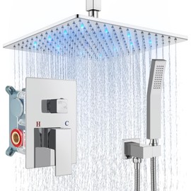 Aolemi Ceiling Mount Shower Faucet Set with Handheld Spray High Pressure Shower Faucets Sets Complete Rough-in Valve and Shower Trim Kit System Included Rainfall Polish Chrome 12 Inch LED Shower Head