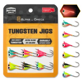 ALPHA and OMEGA - Tungsten Jig KIT (12 Jigs) (7mm / Hook #8 Long Shank) Ultra Glow & UV Ice Fishing Jigs Lures Trout Crappie Perch Bluegill Bass Whitefish Walleye (Pack of 12)