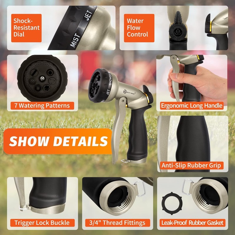 AUTOMAN Garden Hose Nozzle-7 Patterns Sprayer-2 Pack, Metal High Pressure