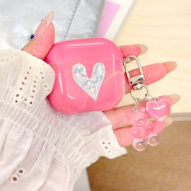 ChouXiLin AirPods 4 Case with Neck Strap - Pink Marble Heart Design, Shockproof Silicone Protective Cover for Women Travel, Compatible with AirPods 4/4(2024 NC) & Detachable Keychain,Cute