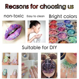 HISUNBEN 12 Colours Festival Glitter, Chunky Glitter Nail Glitter Powder, Cosmetic Glitter for Face, Body, Eyes, Hair, Nails, Neck