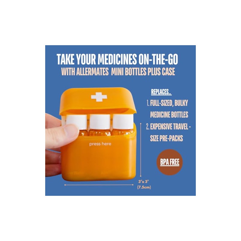 Allermates Mini botella de medicamentos tamaño viaje con estuche rígido