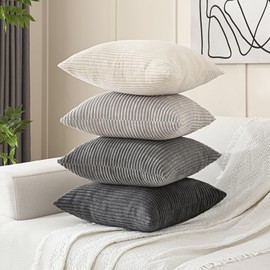 Volcanics Volcanics Set of 4 Neutral Grey Corduroy Decorative Couch Throw Pillow Covers 20x20 Inch, Western Modern Farmhouse Striped Cushion Cases, Soft Boho Square Accent Pillow Covers for Home Sofa