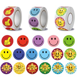 3 Rolls of 1500 Smiley Stickers Smiley Stickers Round 2.5 cm Star Reward Sticker Teacher Reward Stickers for Home School Office To Interact Between Teachers and Students Emoji Stickers