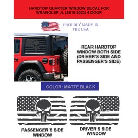 Compatible with Jeep Wrangler JL (4 Door) 2018 – 2023 | Precut Punisher Skull American Flag Window Decals | Both Side | Proudly Made in The US | Matte Black (Punisher US Flag)