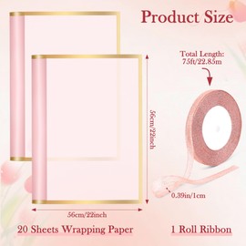 COITEK 20+1p Flower Bouquet Wrapping Paper Set, 20 Sheets 58x58 cm Pink Flower Waterproof Bouquet Wrapping Paper with 1pcs Ribbon