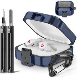 Mooyavia Secure Lock Case for Beats Fit Pro 2021, Carbon Fiber Texture Beats Fit Pro Earbuds Case Cover with Anti-Lost Keychain / Zipper Storage Bag/Cleaning Brush/Wrist Strap (Blue)