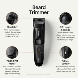MANSCAPED® The Beard Hedger® Premium Men's Beard Trimmer, 20 Length Adjustable Blade Wheel, Stainless Steel T-Blade for Precision Facial Hair Trimming, Cordless Waterproof Wet/Dry Clipper