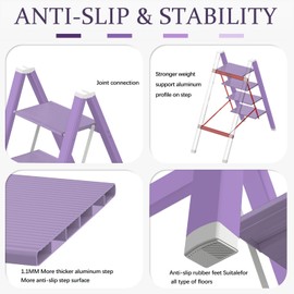 Lightweight Folding Step Ladder Household, Aluminum 4 Step Ladder Foldable for Home, Sturdy Step Stool for Adults 330 Lbs - Purple