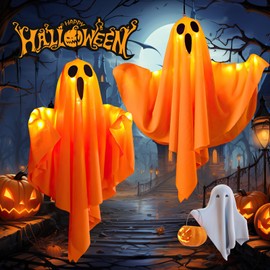SQEEQE 2PCS Decoraciones de Fantasmas de Halloween,LED Cálida Fantasmas Colgantes Iluminados de Halloween,Luces Fantasma de Halloween para Porches, Patios, Jardines y Césped(Naranja)