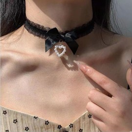 Yheakne Boho Lace Bow Choker Necklace Black Bow Tie Collar Necklace Black Lace Lolita Choker Necklace Short Lace Necklace Pearl Heart Dangle Necklace Jewelry for Women and Girls