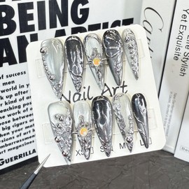 10Pcs Sliver Handmade Press on Nails Long Stiletto Fake Nails 3D False Nails Muti-Layer Gel Acrylic Nails Handmade Nails Press ons Glossy Full Cover Stick on Nails for Women Artificial Nails (S)