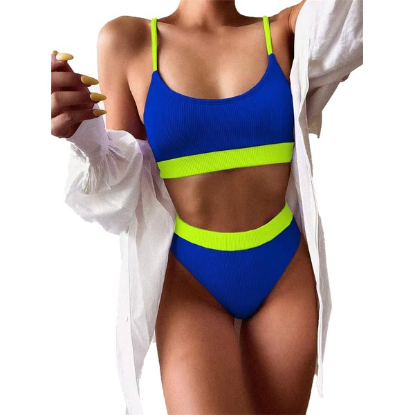 Lilosy Conjunto de bikini de cintura alta con control de abdomen acanalado de 2 piezas, Bloque Color Azul, XXL