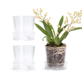 Phoenix Vine 3.5 Inch Clear Acrylic Planter Pot with Tray, Orchid Pot with Drainage Holes, Deep Saucer for Bottom Watering, Transparent Containers for Indoor Plants, Herbs, Set of 3, 91-A-D-3