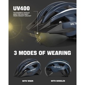 VICTGOAL Bike Helmet with USB Rechargeable Rear Light Detachable Magnetic Goggles Removable Sun Visor Mountain & Road Bicycle Helmets for Men Women Adult Cycling Helmets (L: 57-61 cm, Navy Blue)