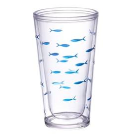 KLIFA- CHARLESTON- 20 oz, Set of 4, Fish Plastic Insulated Tumbler Set, School of Fish Acrylic Double-wall Drinking Glass, BPA-Free, Plastic Drinkware, Dishwasher Safe, Dark Blue Printing