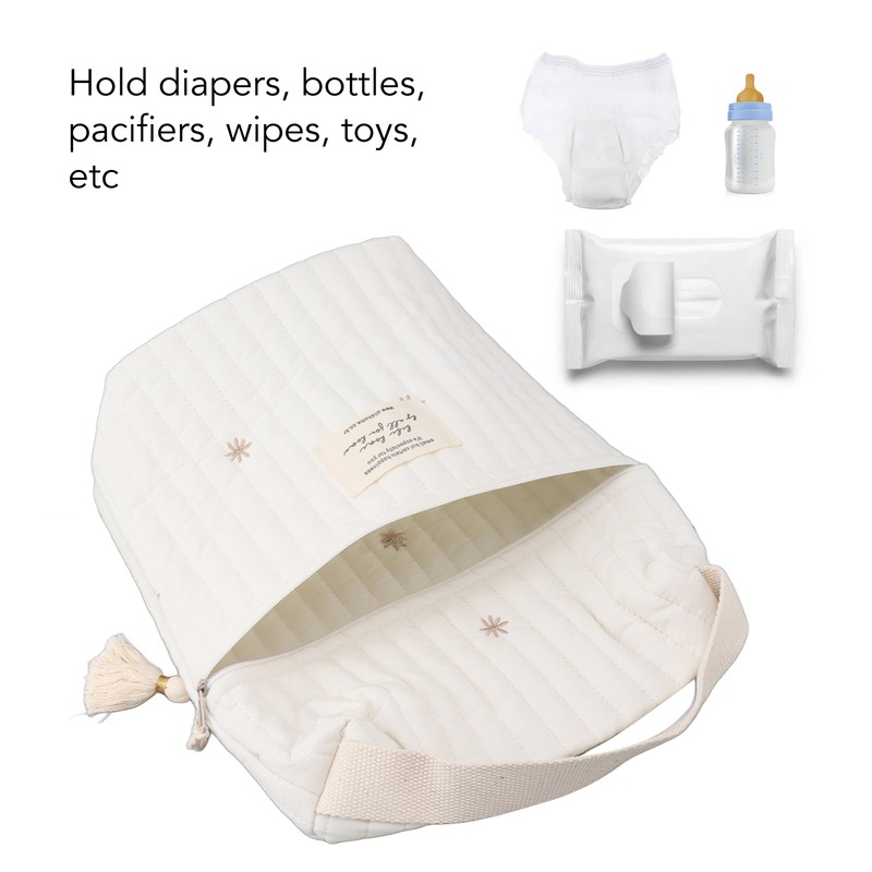 Cute Quilting Embroidered Pattern Diapers Bag Cotton Baby Stroller Zipper